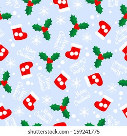 Seamless Christmas pattern. Gift sock and holly decorative background.