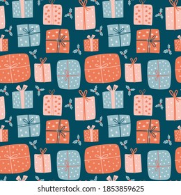 Seamless Christmas pattern with gift. Vector new year illustration for fabric, background, textile, wallpaper, print