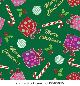 Padrão De Natal Perfeito, Presentes, Cana De Doce, Berry. Plano de Fundo de Cor Verde Escura