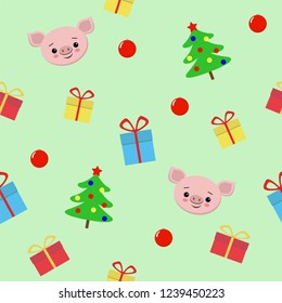 Seamless Christmas pattern with gifts, cute pig, christmas tree Vector illustration for textile, postcard, wrapping paper, poster, background, book, t-shirt.