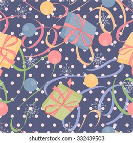 Seamless Christmas pattern with gifts and Christmas decorations.