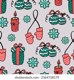 Patrón de Navidad sin inconvenientes - regalos, galletas de jengibre, velas, mitones, bolas de Navidad. Piloto de ilustraciones de vectores Fondo de vacaciones de Año Nuevo