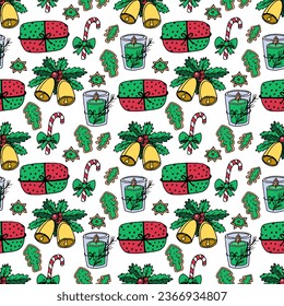 Patrón de Navidad sin inconvenientes - regalos, galletas de jengibre, velas, campanas, cañas de azúcar. Ilustración del doodle vectorial Fondo blanco de Año Nuevo