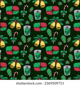 Seamless Christmas pattern - gifts, gingerbread cookies, candles, bells, sugar canes. Vector doodle illustration New Year's holiday dark green background