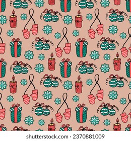 Seamless Christmas pattern - gifts, gingerbread cookies, candles, mittens, Christmas balls. Vector illustration doodle New Year holiday powder background