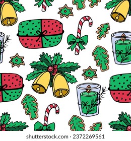 Seamless Christmas pattern - gifts, gingerbread cookies, candles, bells, sugar canes. Vector doodle illustration New Year's holiday white background
