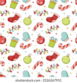 Seamless Christmas pattern with gifts, mitten, candy cane, cane, garland, balls. Christmas baubles pattern