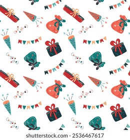 Seamless Christmas pattern with gifts, party bags, crackers and garlands. Green, red Christmas colors are perfect for seasonal designs, for fabric design, wrapping, textiles