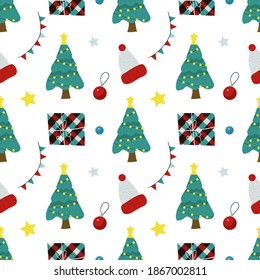 Seamless Christmas pattern with gifts, christmas tree, toy and garland on white background. Vector illustration for textiles, wrapping paper, decorations.  Cute vector elements of digital paper. 