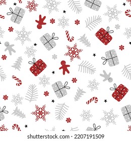 Seamless christmas pattern with gifts, christmas tree, gingermans, snowflakes, candy cane and stars. 