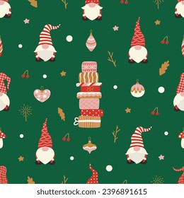 Seamless Christmas pattern. Gifts, Christmas tree decorations, gnomes, stars, branches, berries. Template for paper, fabric, textile. Vector illustration on isolated background in modern style.