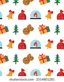 Seamless Christmas pattern with gifts, tree and other objects. Christmas colorful concept.