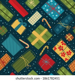 Patrón de Navidad sin inconvenientes con regalos. Fondo vectorial invernal para tela, textil, papel pintado, carteles, envoltura de regalo y papel, servilletas. Imprimir para niños
