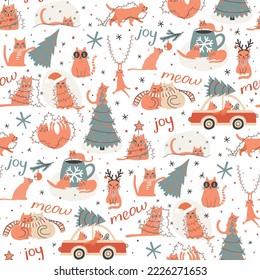 Seamless Christmas pattern with ginger cats 