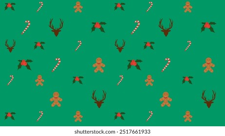 seamless christmas pattern with gingerbread and candy ornaments, vector illustration