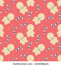 Seamless Christmas pattern with gingerbread Cookie, and candy cane. Vector illustration.