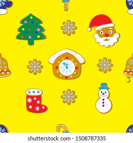 Seamless Christmas pattern of gingerbread cookies and cookies, packaging for the holidays, backgrounds for the web, background