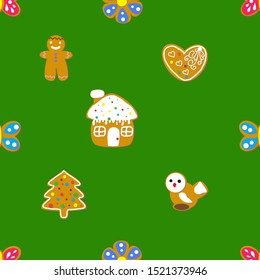 Seamless Christmas pattern of gingerbread cookies and cookies, packaging for the holidays, backgrounds for the web, background
