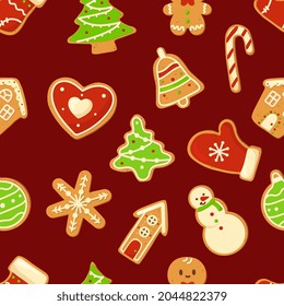 Seamless christmas pattern with Christmas gingerbread cookies. Winter holiday food. Perfect for wrapping paper, greeting cards, textile. Gingerbread man, house, christmas tree, snowman, snowflake.