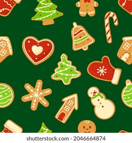 Seamless christmas pattern with Christmas gingerbread cookies. Winter holiday food. Perfect for wrapping paper, greeting cards, textile. Gingerbread man, house, christmas tree, snowman, snowflake.