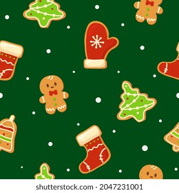 Seamless christmas pattern with Christmas gingerbread cookies. Winter holiday food. Perfect for wrapping paper, greeting cards, textile. Gingerbread man, christmas tree, sock, mitten, bell.