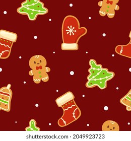 Seamless christmas pattern with Christmas gingerbread cookies. Winter holiday food. Perfect for wrapping paper, greeting cards, textile. Gingerbread man, christmas tree, sock, mitten, bell.