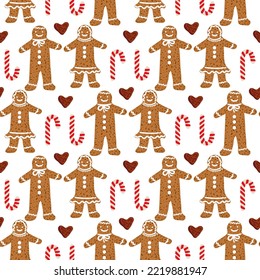 Seamless christmas pattern with gingerbread cookies and candy canes