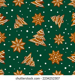 Seamless christmas pattern with gingerbread cookies on green background. Flat vector illustration.