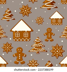 Patrón de navidad sin foco con galletas de pan de jengibre sobre fondo gris. Ilustración vectorial plana.