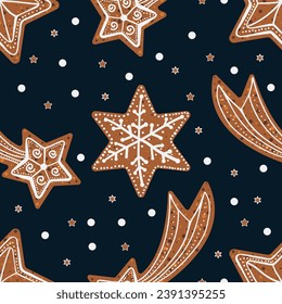 Seamless Christmas pattern with gingerbread cookies. Christmas cookies on a dark background.
