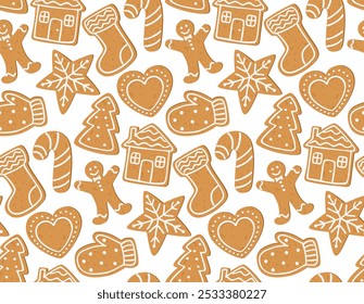 Seamless christmas pattern with gingerbread cookies of various shapes. 