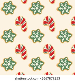 Padrão de Natal perfeito com biscoitos de gengibre em forma de bengalas de doces e flocos de neve, design festivo de férias para papel de embrulho, têxteis e fundos sazonais.