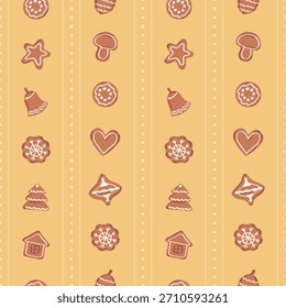 Patrón de Navidades sin fisuras con galletas de jengibre, puntos y rayas sobre un fondo amarillo. Ilustración vectorial. Impresión dibujada a mano para papel de regalo festivo, tela y textil.