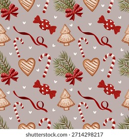 Patrón de Navidades sin fisuras con galletas de jengibre, bastones de caramelo, dulces, cintas, ramas de pino, lazos y detalles del corazón sobre un fondo neutro. Conveniente para el papel de embalaje, textiles, Fondos de pantalla