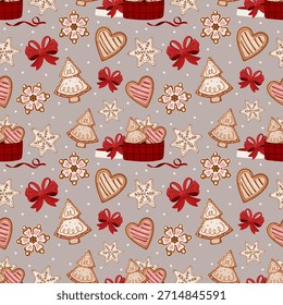 Patrón de Navidades sin fisuras con galletas de jengibre en Formas festivas, cajas de regalo con cintas, lazos rojos, estrellas, copos de nieve y decoraciones de vacaciones sobre un fondo neutral