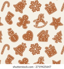 Patrón de Navidades sin fisuras con galletas de jengibre y símbolos de vacaciones. Fondo festivo lindo para el papel de embalaje, textil, embalaje y diseño de temporada.