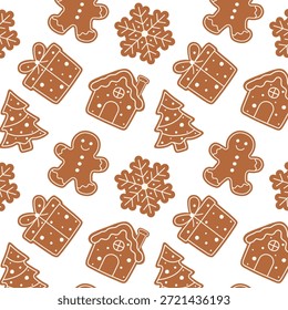 Padrão de Natal perfeito com biscoitos de gengibre, incluindo árvore, presente, floco de neve e homem. Fundo festivo para têxtil, papel de embrulho, embalagem e decoração de férias.