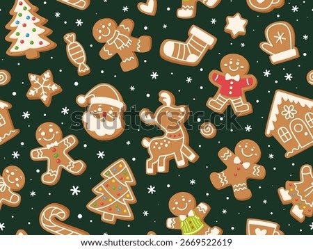 Seamless Christmas pattern with gingerbread cookies in the form of men, houses, socks, Santa, deer. Cartoon holiday background with gingerbread cookies and snowflakes. Vector print for holiday decor.