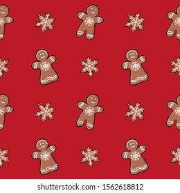 Seamless Christmas pattern with Gingerbread. Endless texture for textile, scrapbook, wrapping paper.Cute New year vector pattern. Gingerbread snowflake,gingerbread girl, gingerbread boy,red background