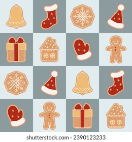 Seamless Christmas pattern with gingerbread. Flat vector festive elements.