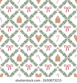 Padrão de Natal sem emenda com casa de gengibre, biscoito do coração, bengala de doce, ramos de abeto e arcos vermelhos. Perfeito para o papel de embrulho de férias, tecido, cartões, decoração festiva e artesanato sazonal