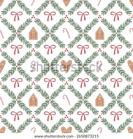 Seamless Christmas pattern with gingerbread house, heart cookie, candy cane, fir branches and red bows. Perfect for holiday wrapping paper, fabric, cards, festive decor, and seasonal crafts