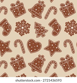 Patrón de Navidades sin fisuras con iconos de pan de jengibre que incluyen campana, caramelo, corazón, regalo y copo de nieve. Fondo de vacaciones acogedor para textiles, embalaje y papel de embalaje.