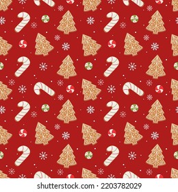 Seamless Christmas pattern with gingerbread lollipops on a red background.