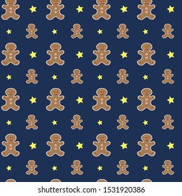 Seamless christmas pattern with gingerbread man stars on a blue background. Cute vector illustration.