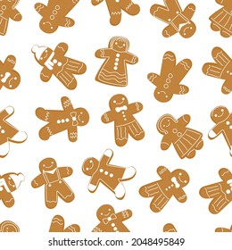 seamless christmas pattern gingerbread man cookies. New Year. Traditional peppery brown gingerbread. Sugar sweets pattern. Stock vector flat cartoon illustration isolated on white background.