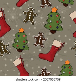 Seamless Christmas pattern with gingerbread man, christmas tree and socks from ink style collection. Vector illustration EPS8.