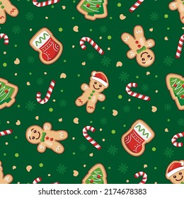 Seamless Christmas Pattern With Gingerbread Man, Santa Claus, Christmas Tree, And Candy Cane On Dark Green Background. Cute Cartoon Illustration