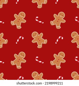 Seamless christmas pattern gingerbread man and candy cane on red background.