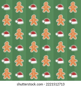 Patrón de navidad sin foco con hombre de pan de jengibre y sombrero de santa sobre fondo verde. Ilustración vectorial. Diseño para embalaje, fondo, postal